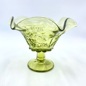 Vintage Westmoreland Avocado Green Glass Pedestal Dish, Grapes Candy Compote